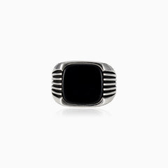 Cushion onyx silver men ring with side lines