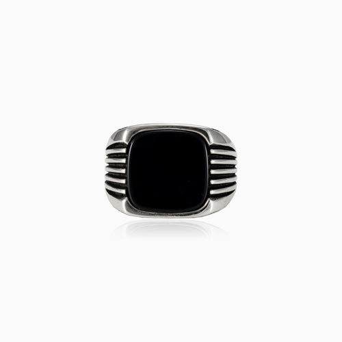 Cushion onyx silver men ring with side lines