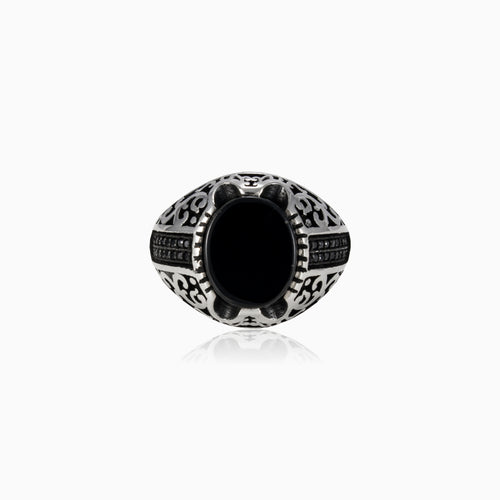 Oval onyx silver men ring with round luster side stones