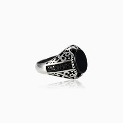 Oval onyx silver men ring with round luster side stones