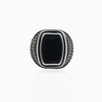 Radiant bezel onyx silver men ring with engraved sides