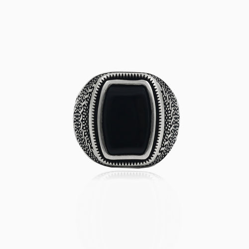 Radiant bezel onyx silver men ring with engraved sides