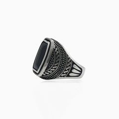 Radiant bezel onyx silver men ring with engraved sides