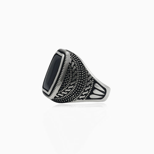 Radiant bezel onyx silver men ring with engraved sides