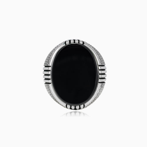 Oval bezel onyx silver men ring with engraved side lines