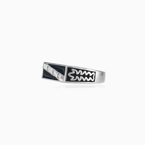 Silver enamel and diagonal cubic zirconia men ring