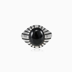 Engraved line oval onyx men ring