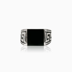 Princess cut onyx men ring with greek side pattern