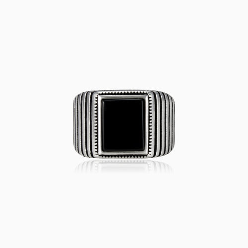 Emerald cut onyx men ring with detailed line design