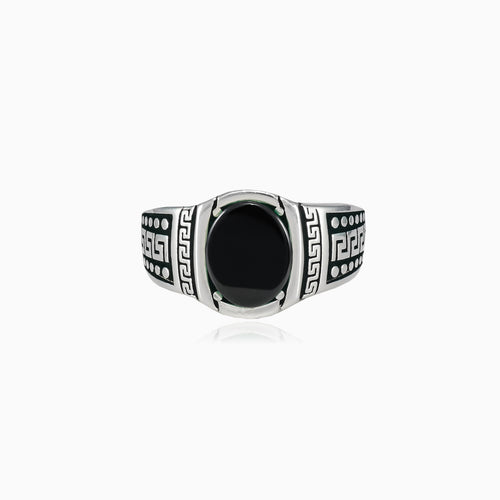 Oval cut onyx men ring with greek pattern silver design