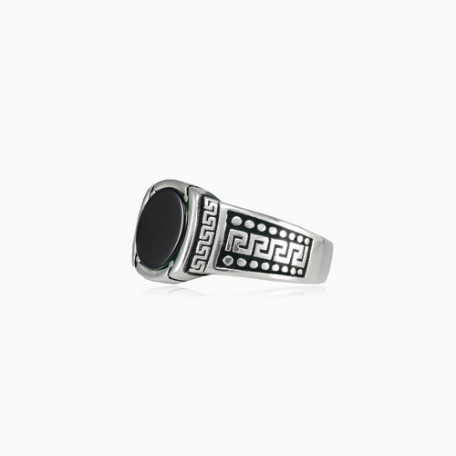 Oval cut onyx men ring with greek pattern silver design