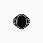 Oval cut onyx men ring with halo and detailed lines