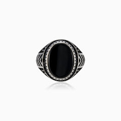 Oval cut onyx men ring with halo and detailed lines
