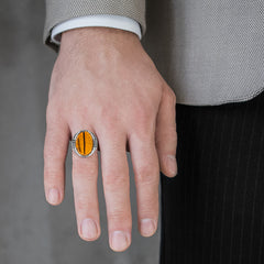 Oval cut tigers eye men ring in sterling silver
