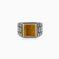 Square cut tigers eye men ring in sterling silver