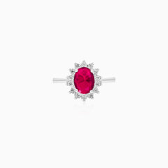 Sterling Silver Oval Synthetic Ruby Halo Ring
