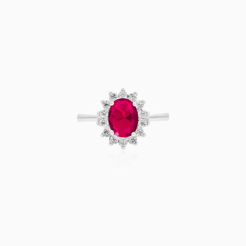 Sterling Silver Oval Synthetic Ruby Halo Ring