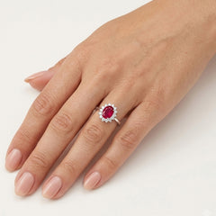 Sterling Silver Oval Synthetic Ruby Halo Ring