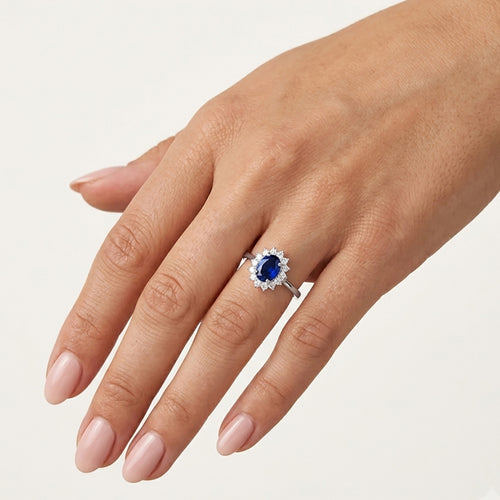 Sterling Silver Oval Sapphire Halo Ring