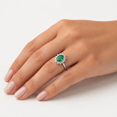 Sterling Silver Oval Emerald Halo Ring