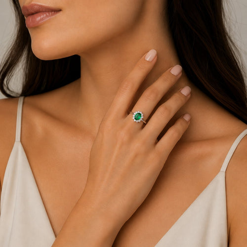 Sterling Silver Oval Emerald Halo Ring