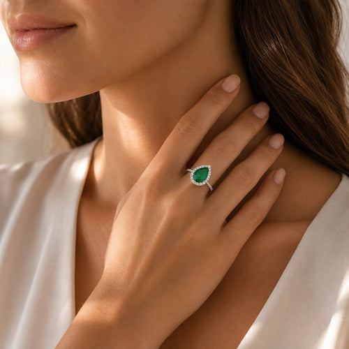 Sterling Silver Pear Cut Emerald Halo Ring