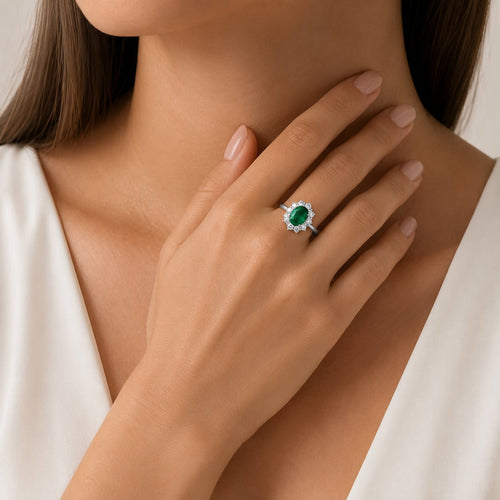 Sterling Silver Oval Emerald Halo Ring