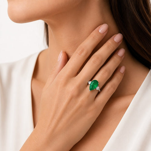 Sterling Silver Pear Emerald Ring