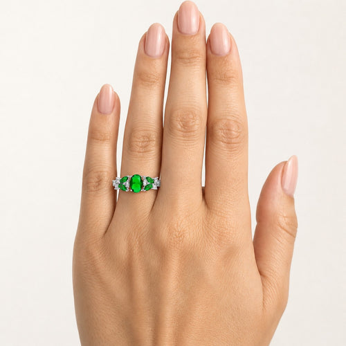 Sterling Silver Botanical Emerald Ring