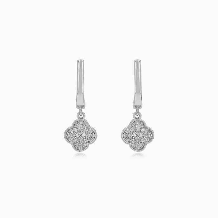 Silver Clover Zircon Dangle Earrings