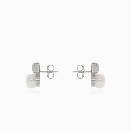 Silver earrings with pearl and cubic zirconia ball