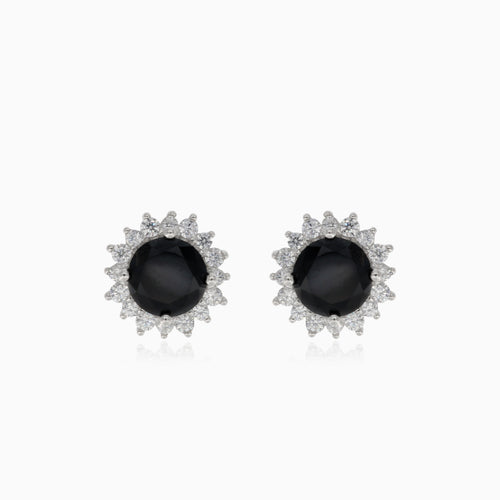Silver stud earrings with round onyx
