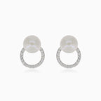 Silver earrings with pearl and circle with cubic zirconia