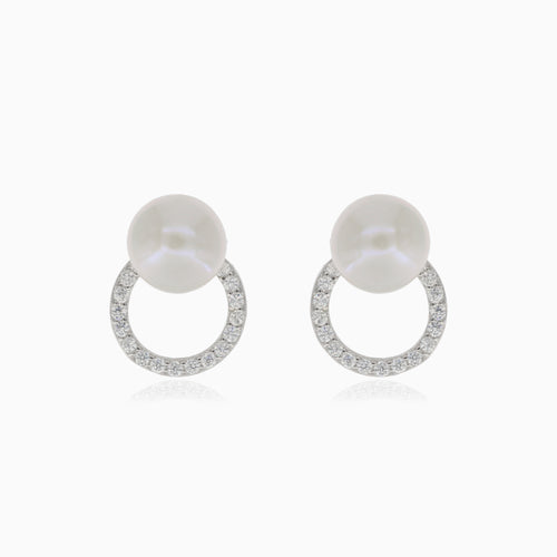 Silver earrings with pearl and circle with cubic zirconia
