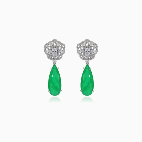 Earrings with synthetic emerald and cubic zirconia flower
