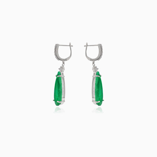 Silver dangle earrings with a drop of synthetic emerald