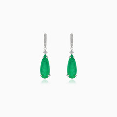 Silver dangle earrings with a drop of synthetic emerald