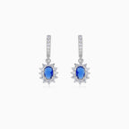 Halo silver dangling earrings with synthetic sapphire