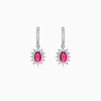 Halo silver dangling earrings with synthetic ruby