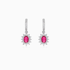 Halo silver dangling earrings with synthetic ruby