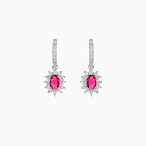 Halo silver dangling earrings with synthetic ruby