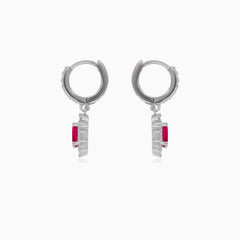 Halo silver dangling earrings with synthetic ruby