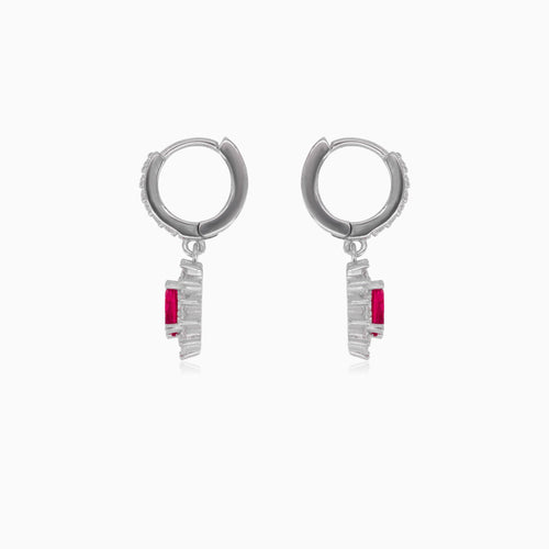 Halo silver dangling earrings with synthetic ruby