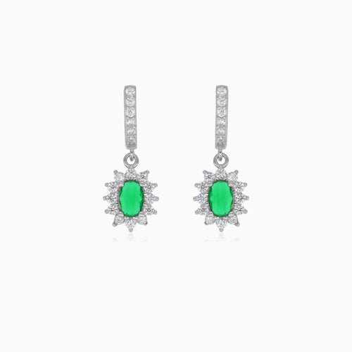 Halo silver dangling earrings with synthetic emerald