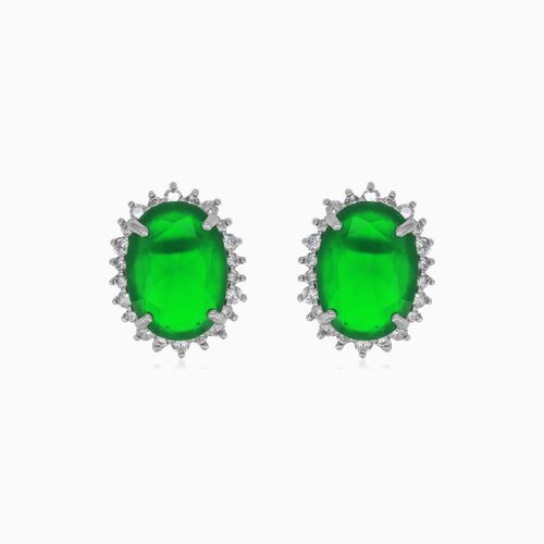 Halo oval cut emerald on sterling silver earrings