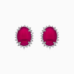 Halo oval cut ruby on sterling silver earrings