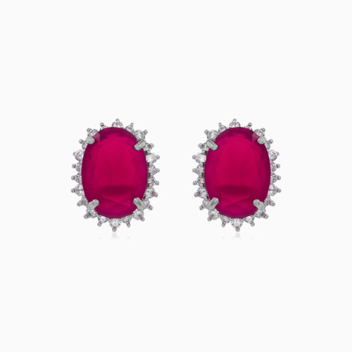 Halo oval cut ruby on sterling silver earrings