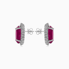 Halo oval cut ruby on sterling silver earrings