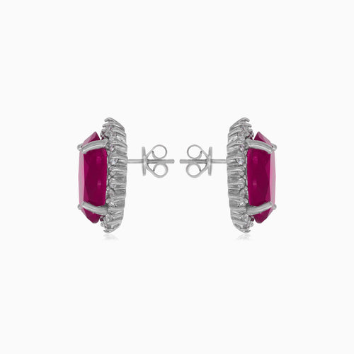 Halo oval cut ruby on sterling silver earrings