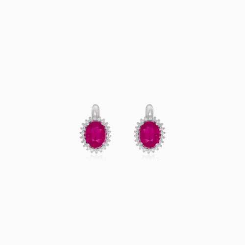 Sterling silver halo drop earrings with ruby